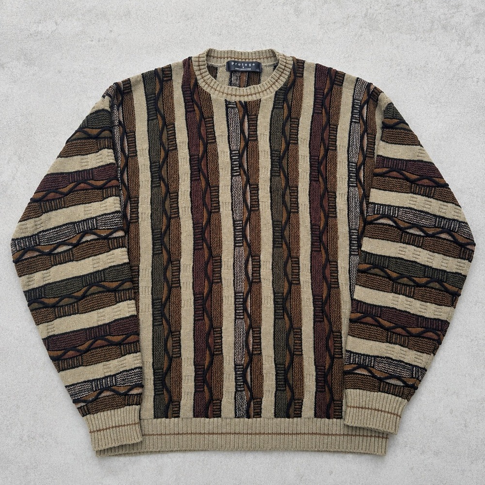 Protege Collection Mens 3D Knit Sweater Brown Tan Striped Crewneck Vintage Large